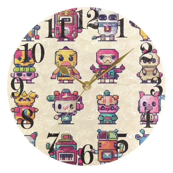 Characters Pixel Style Round Wall Clock Battery Operated Silent Non-Ticking Bedroom Office Kitchen Home School Decor 10"(Gold)