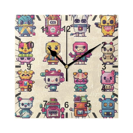 Characters Pixel Style Wall Clock Battery Operated Silent Non-Ticking Bedroom Office Kitchen Home School Decor 7.8"(Black)