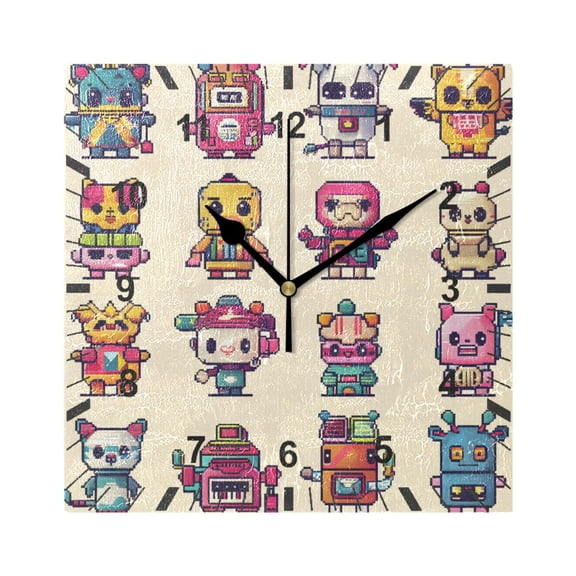 Characters Pixel Style Wall Clock Battery Operated Silent Non-Ticking Bedroom Office Kitchen Home School Decor 7.8"(Black)