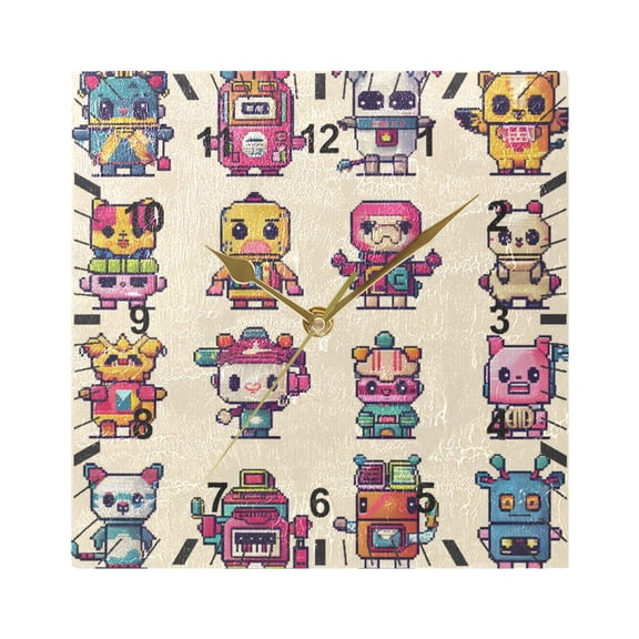 Characters Pixel Style Wall Clock Battery Operated Silent Non-Ticking Bedroom Office Kitchen Home School Decor 7.8"(Gold)