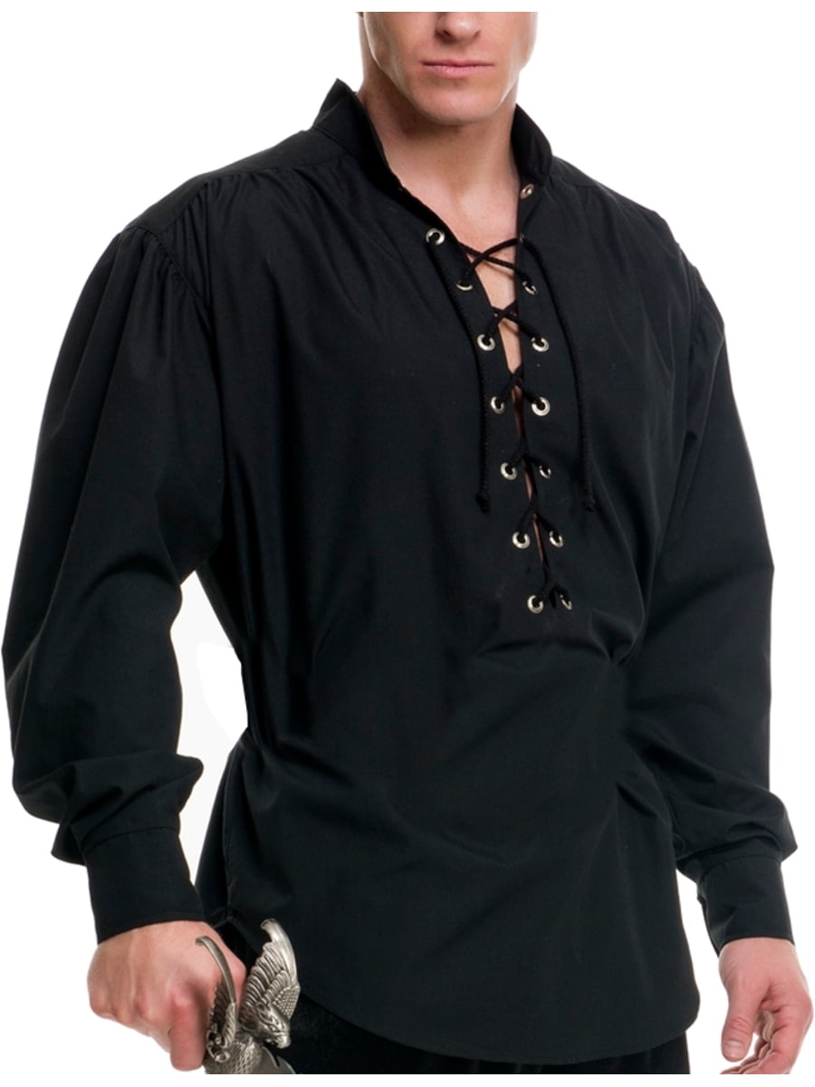 Charades Costumes Mens Black Lace Up Pirate Buccaneer Shirt With Metal  Eyelets Size Small 36-38 