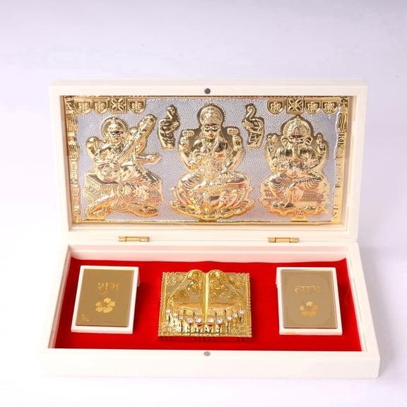 NATRIEL Handcrafted Silver-Plated Charan Paduka Set with Sacred Inscriptions, Gold Finish, White Display Box, Hindu Religious Gift