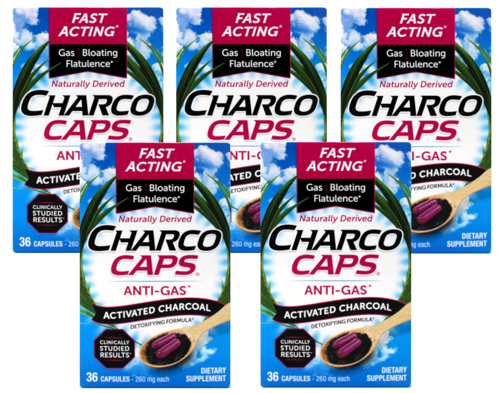 Charco Caps Anti Gas Detoxifying Formula, 36 Capsules Each (Pack of 5