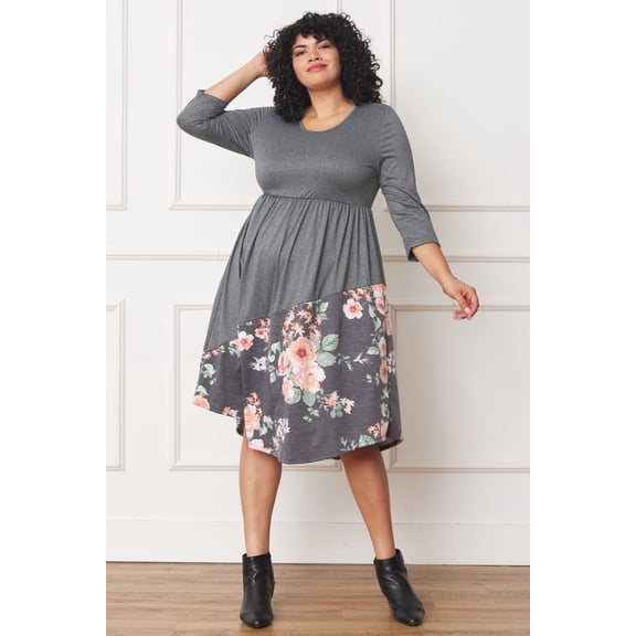 Charcoal 3/4 Sleeve Asymmetric Floral Curved Hem Midi Dress_Plus