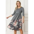 thumbnail image 1 of Charcoal 3/4 Sleeve Asymmetric Floral Curved Hem Midi Dress, 1 of 6