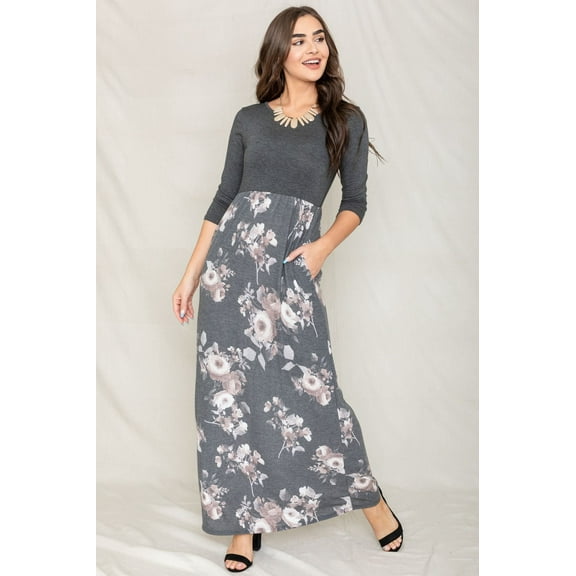 Charcoal 3/4 Sleeve Contrast Floral Maxi Dress