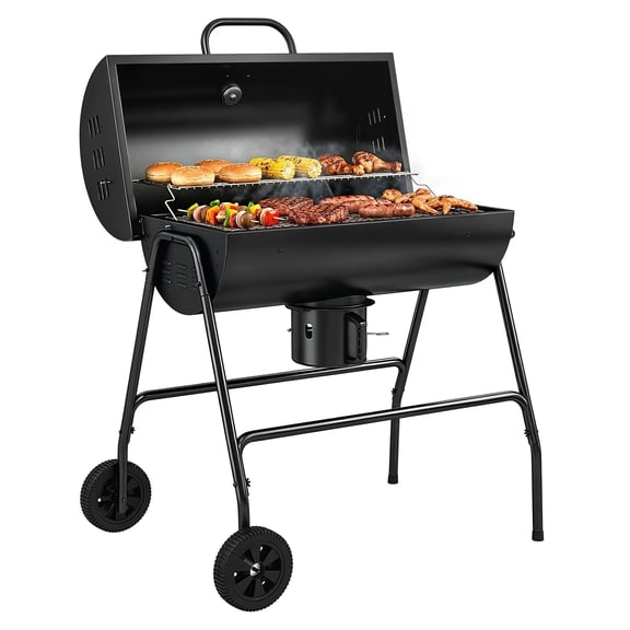 Charcoal BBQ Grill - 420 sq.in. Black Barrel Grill with Wheels & Ash Catcher