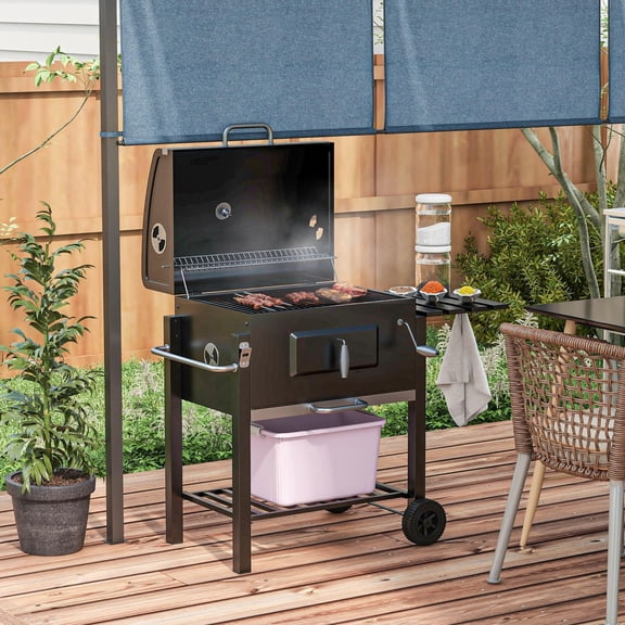 Charcoal BBQ Grill for Camping and Backyard Picnic, Portable Cooker with Side Table, Storage Shelf, Wheels, and Handle, Black Steel 44.5L x 25.5W x 42.5H