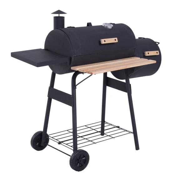 Charcoal BBQ Grill Portable with Wheels - All-in-One Smoker Combo, 2 Shelves, Metal Grate, Thermometer, Outdoor Cooking - Black