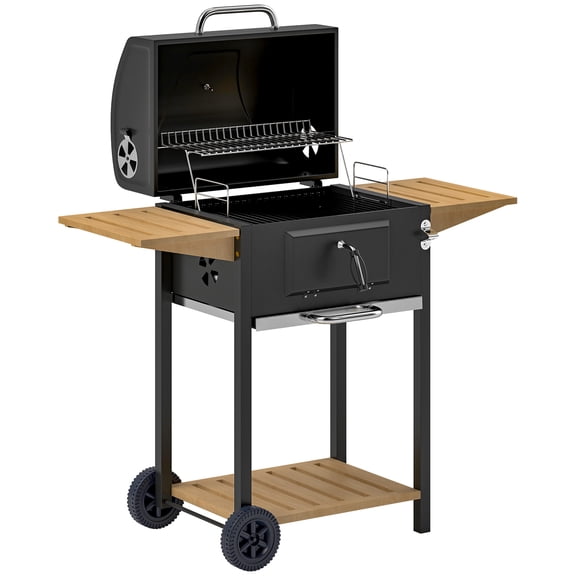 Charcoal BBQ Grill with 245 sq. in. Cooking Area, Adjustable Charcoal Pan, 3 Shelves, Thermometer, Black