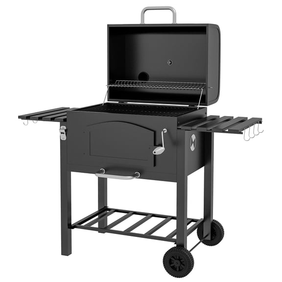Charcoal BBQ Grill with Adjustable Height Folding Shelves Thermometer Wheels Black
