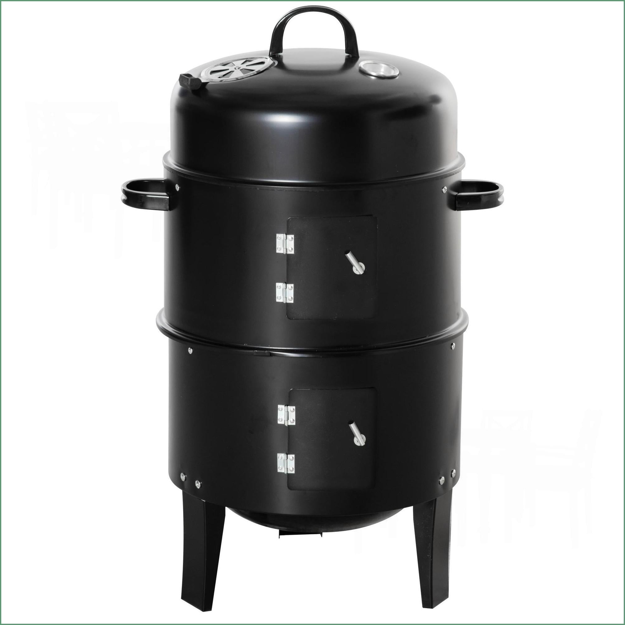 Charcoal BBQ Smoker, 3-in-1 16” Round Vertical Grill with Dual Cooking Areas & Thermometer for Outdoor Camping Backyard | Black | Metal