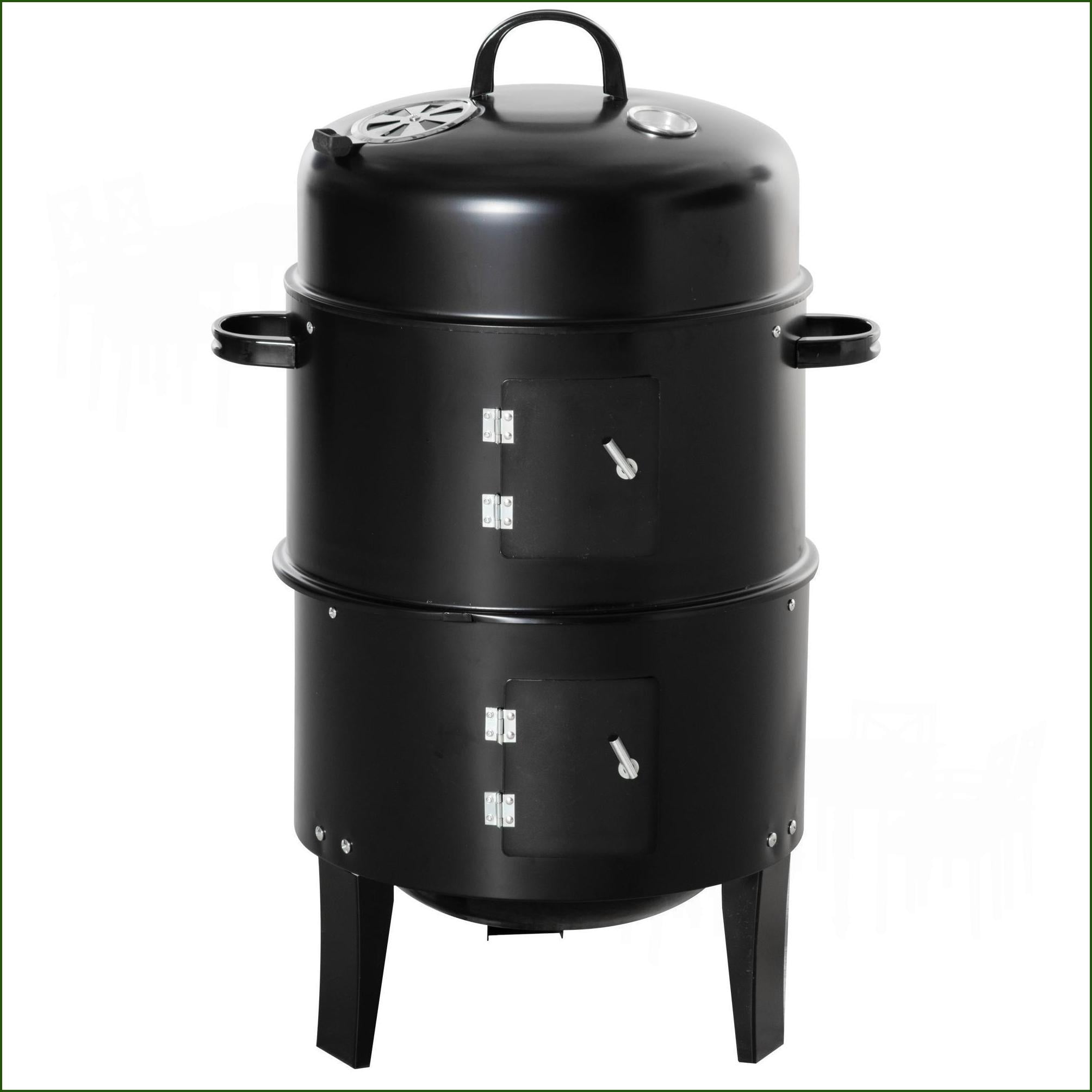 Charcoal BBQ Smoker 3-in-1 Vertical 16” Round Grill with Dual Cooking & Thermometer for Outdoor Camping Picnic Backyard | Black | Metal