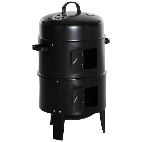 Charcoal BBQ Smoker Grill, 3-in-1 Design, Vertical Dual Cooking Areas, Built-in Thermometer