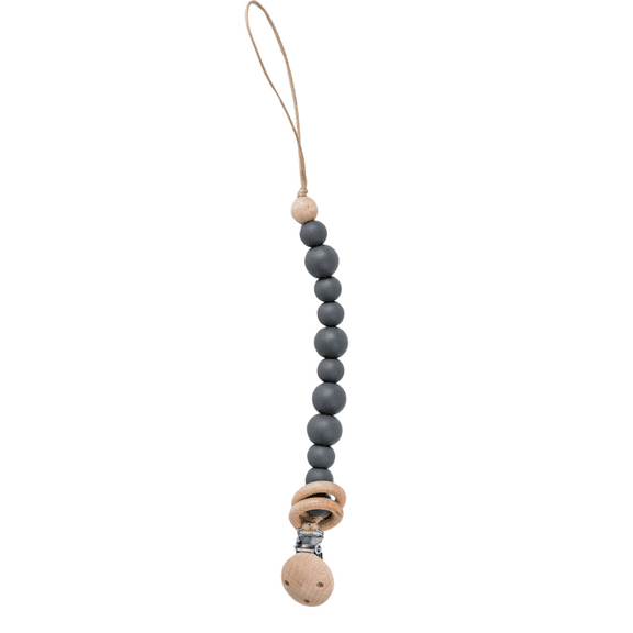 Charcoal Babeehive Goods Silicone Bead & Wood Ring Pacifier Clip | Perfect Blend of Fashion and Functionality | Natural Wood Rings and Soft Silicone Beads | Gentle on Gums,Teeth and BPA-Free
