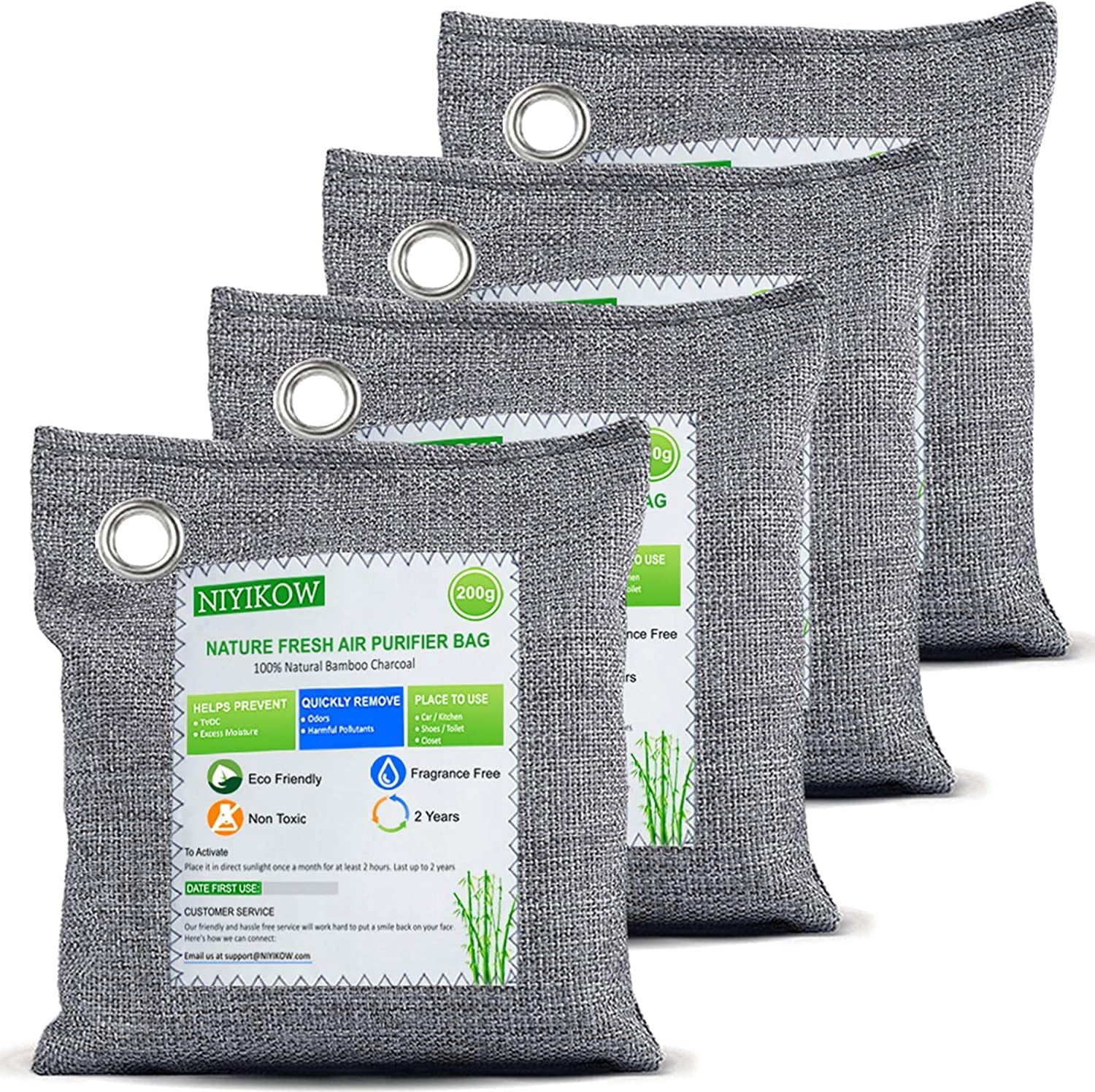 Charcoal Bags Odor Absorber (Large, 4Pack x 200g), Nature Fresh Bamboo Charcoal Air Purifying Bags, Activated Charcoal Odor Absorber for Home, Car, Closet, Pets, Basement Odor Eliminator -Grey