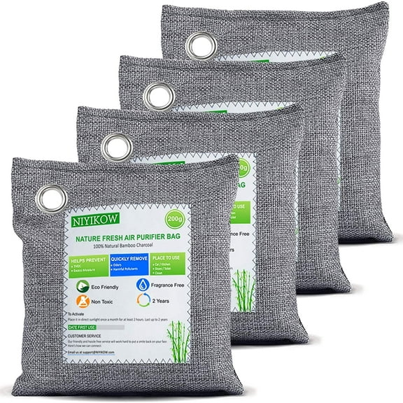 Charcoal Bags Odor Absorber (Large, 4Pack x 200g), Nature Fresh Bamboo Charcoal Air Purifying Bags, Activated Charcoal Odor Absorber for Home, Car, Closet, Pets, Basement Odor Eliminator -Grey