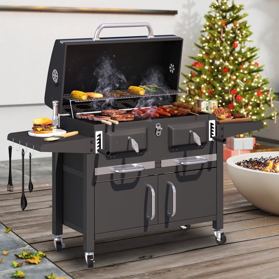 Charcoal Barbecue Grill With Two Foldable Side Tables & Iron Enameled Grate,860 Square Inches Large Cooking Area, Heavy duty Steel Barbecue Grill With Two Adjustable Charcoal Tray For Outdoor Kitchen