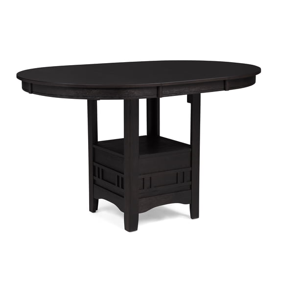 Charcoal Black Expandable Dining Table with 18" Leaf, Storage Shelf, and Pedestal Base for Modern Kitchen