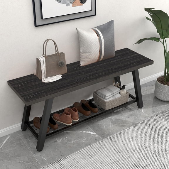 Charcoal Black Industrial Storage Bench with Open Shoe Rack and Metal Legs