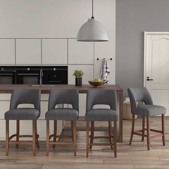 Charcoal Black Upholstered Counter Height Bar Stool with Solid Wood legs Set of 4