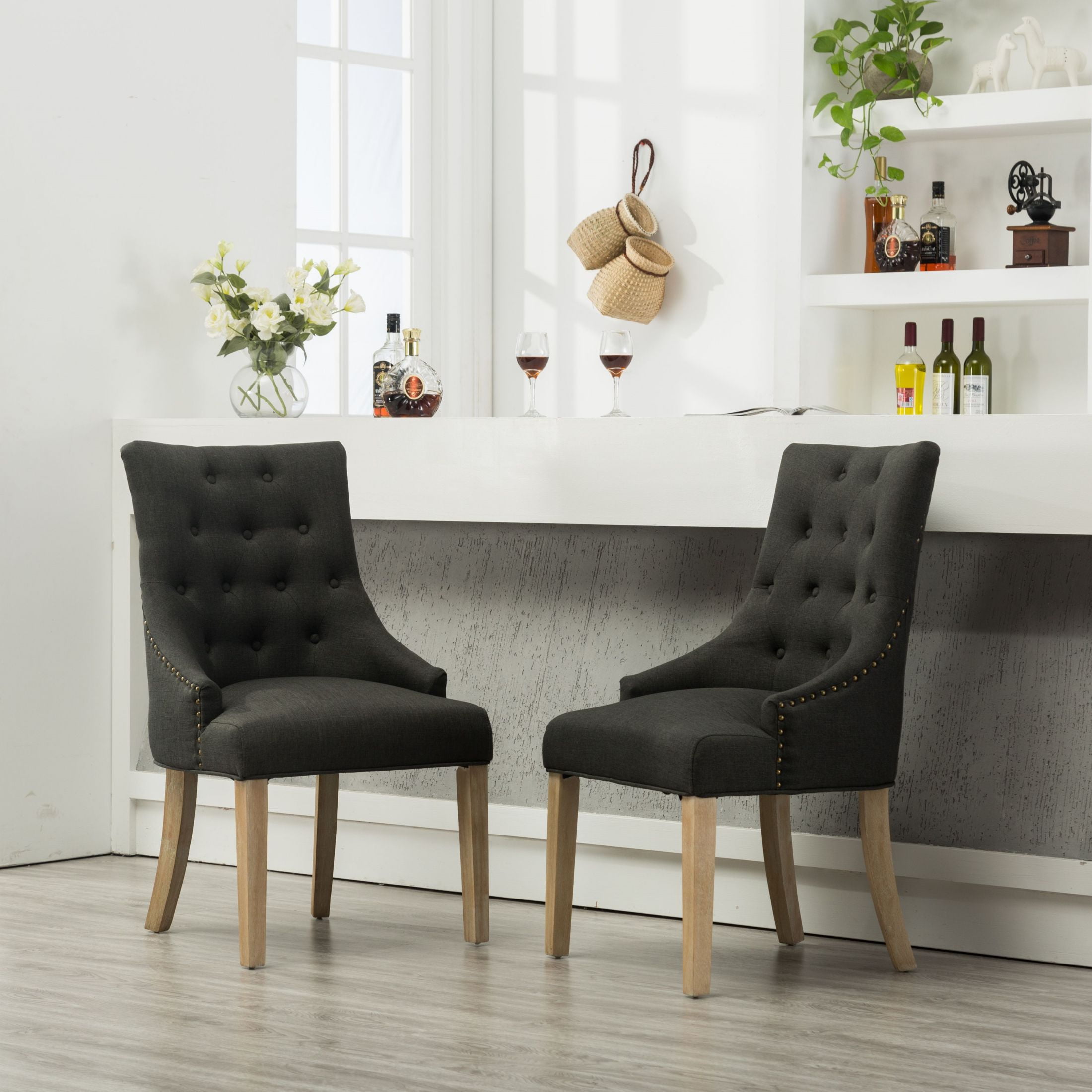 Charcoal Button Tufted Solid Wood Wingback Hostess Chairs With Nail