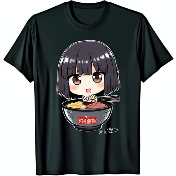 Charcoal Cartoon T-Shirt Featuring Young Woman Enjoying Ramen Short Sleeve Graphic Tee