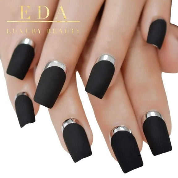 Charcoal Chic, Black Matte Silver French Press On Nails, Long Square Tips Fake Nails Set
