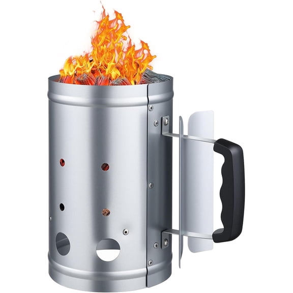 Charcoal Chimney Starter, 4 lbs Large Capacity Coal Fireplace, Heavy Duty BBQ Steel Chimney Starter for Charcoal Grill and Barbecues, Compact On-The-Go Carbon Lighter and BBQ Grill Tool, Silver