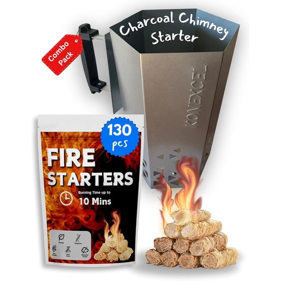 Charcoal Chimney Starter XL & Fire Starter set, Heavy Duty xl Charcoal Starter for charcoal grill (XXL Size) & Natural Wooden Fire starters for campfires (130 PCS); use for charcoal grill, BBQ.