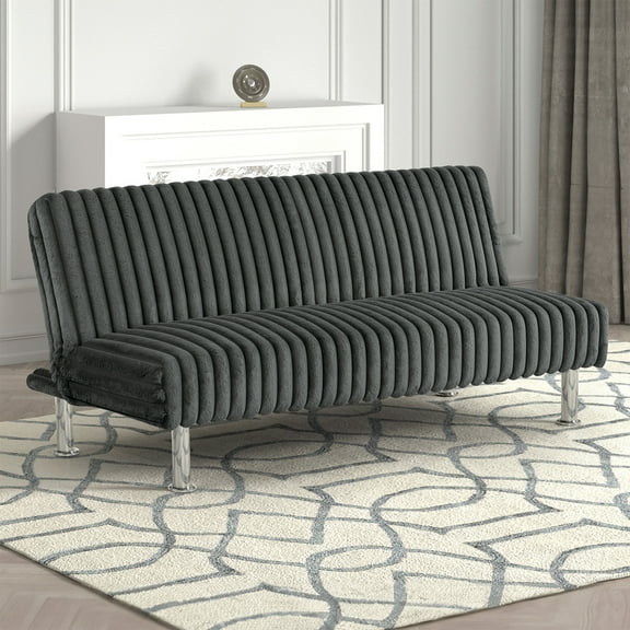 Charcoal Contemporary Futon Sofa Bed - Converts to Bed, Ribbed Tufted Fabric, Extra Metal Support Legs, Sleek Chrome Base - 66"W x 29"D x 31"H Living Room Furniture