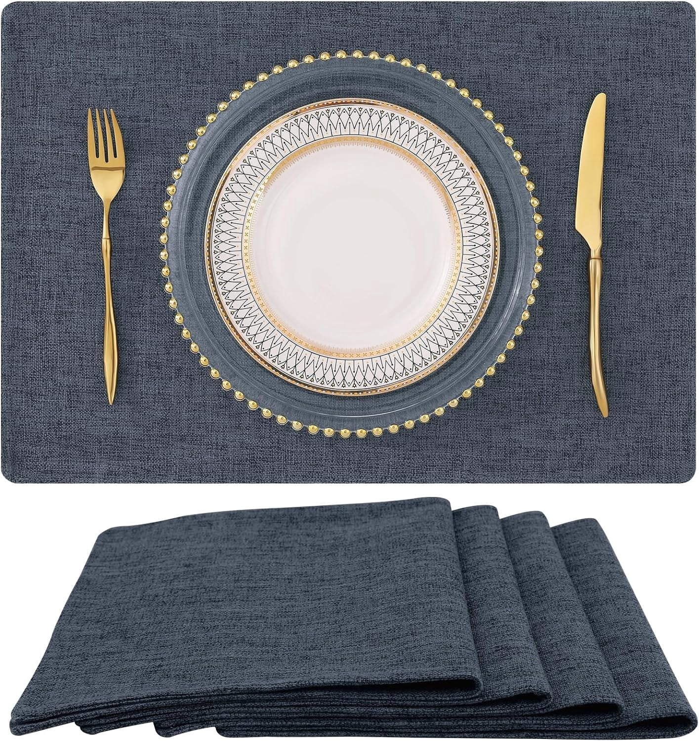 Charcoal Cotton Linen Blend Placemats for Dining Table Set of 4 Washable Farmhouse Kitchen Mats for Indoors & Outdoors, Easy to Clean, 13 x 19 Inch