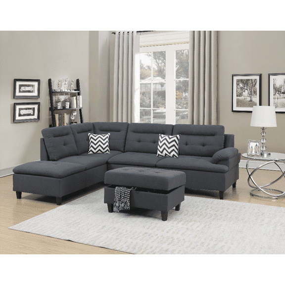 Charcoal Cushion Sectional Sofa with Ottoman & Linen-Like Fabric for Living Room | Walmart US