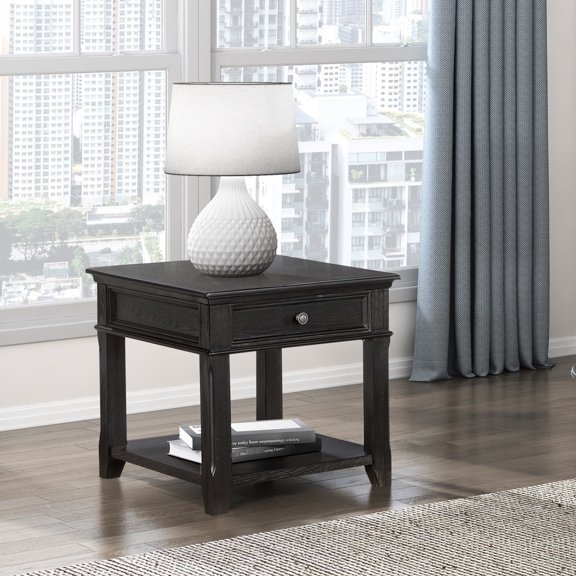 Charcoal End Table For Living Room, Wood With Drawer And Charging Ports Area In Charcoal, Bearing Glides &