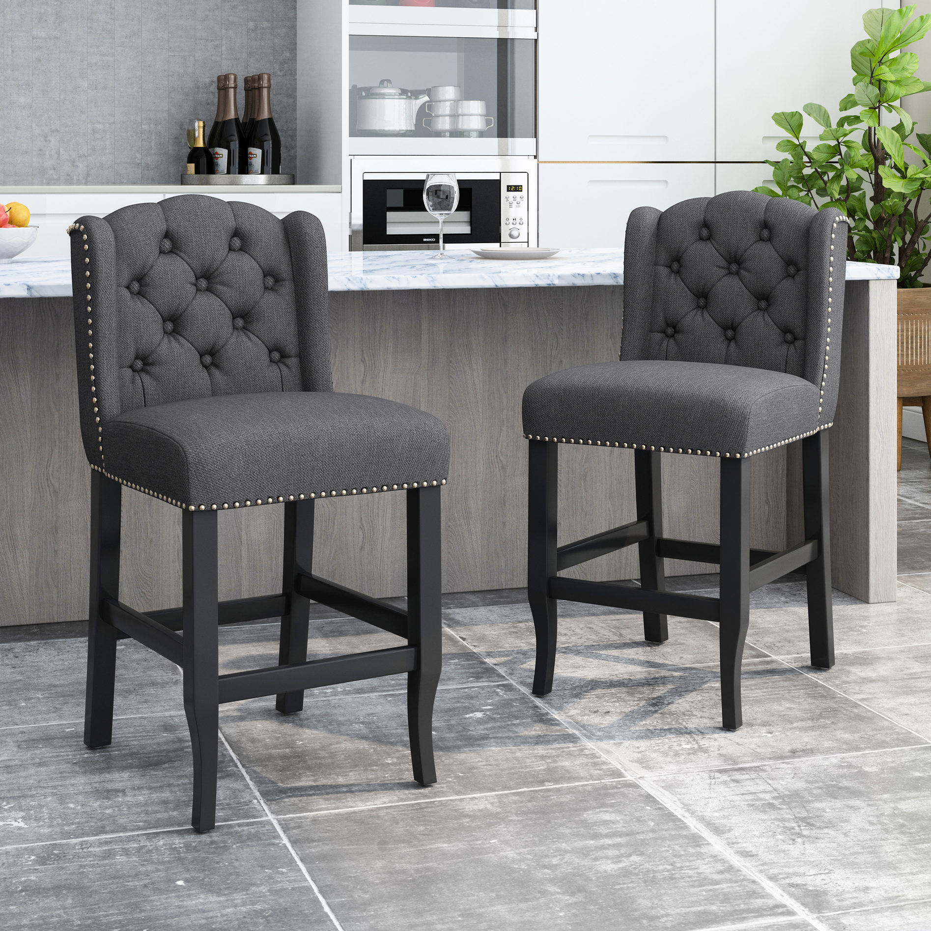 Charcoal Fabric Stacked - Button Design Counter Stools Set of 2, 27 ...