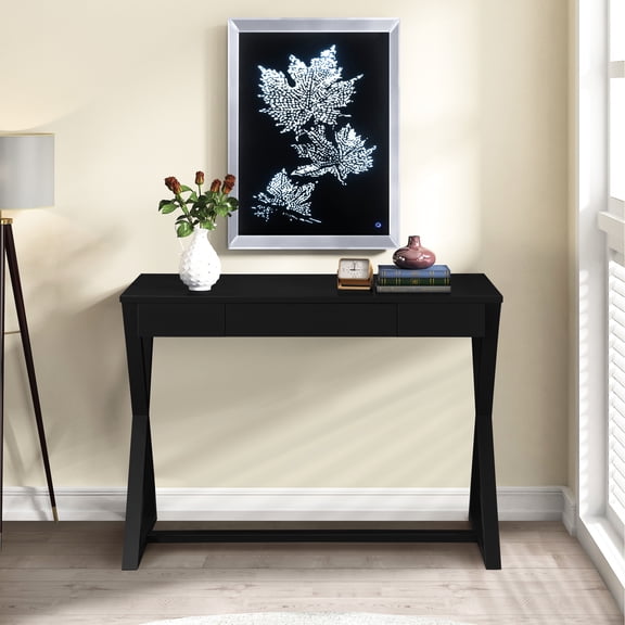 Charcoal Finish Console Table - Rectangular, Synthetic Wood, Drawer For Living Room X-shaped Base, Home Storage