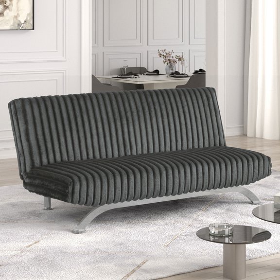 Charcoal Finish Contemporary Style Futon Sofa Bed Convert Into Bed With Hidden Support Metal Leg chrome Finish Base Legs