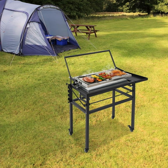 Charcoal Flip Grill, 24.41x14.76x31.1in Alloy Steel, 360 Rotating Basket & 5-Height Settings, Portable Tabletop Design, Great for Outdoor Camping/Patios