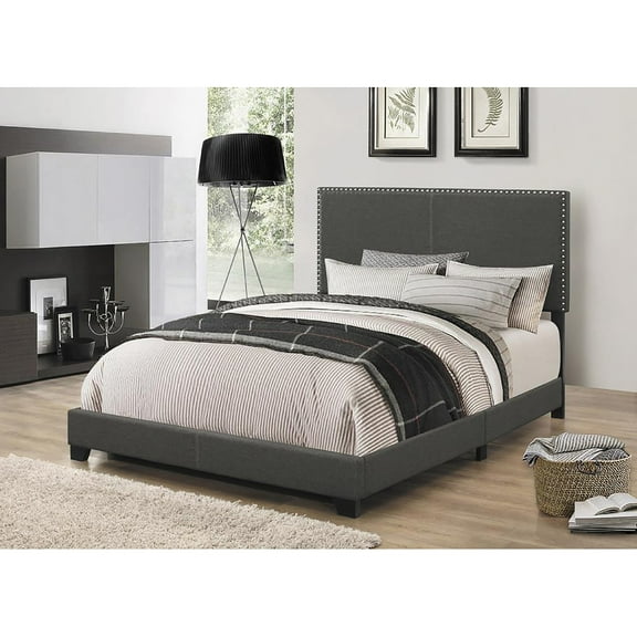 Charcoal Full Bed Frame with Chrome Nailhead Trim - Upholstered Polyester Fabric, Solid Wood Legs, Transitional Style for Bedroom - 57.75" W x 81.25" L, Box Spring Required