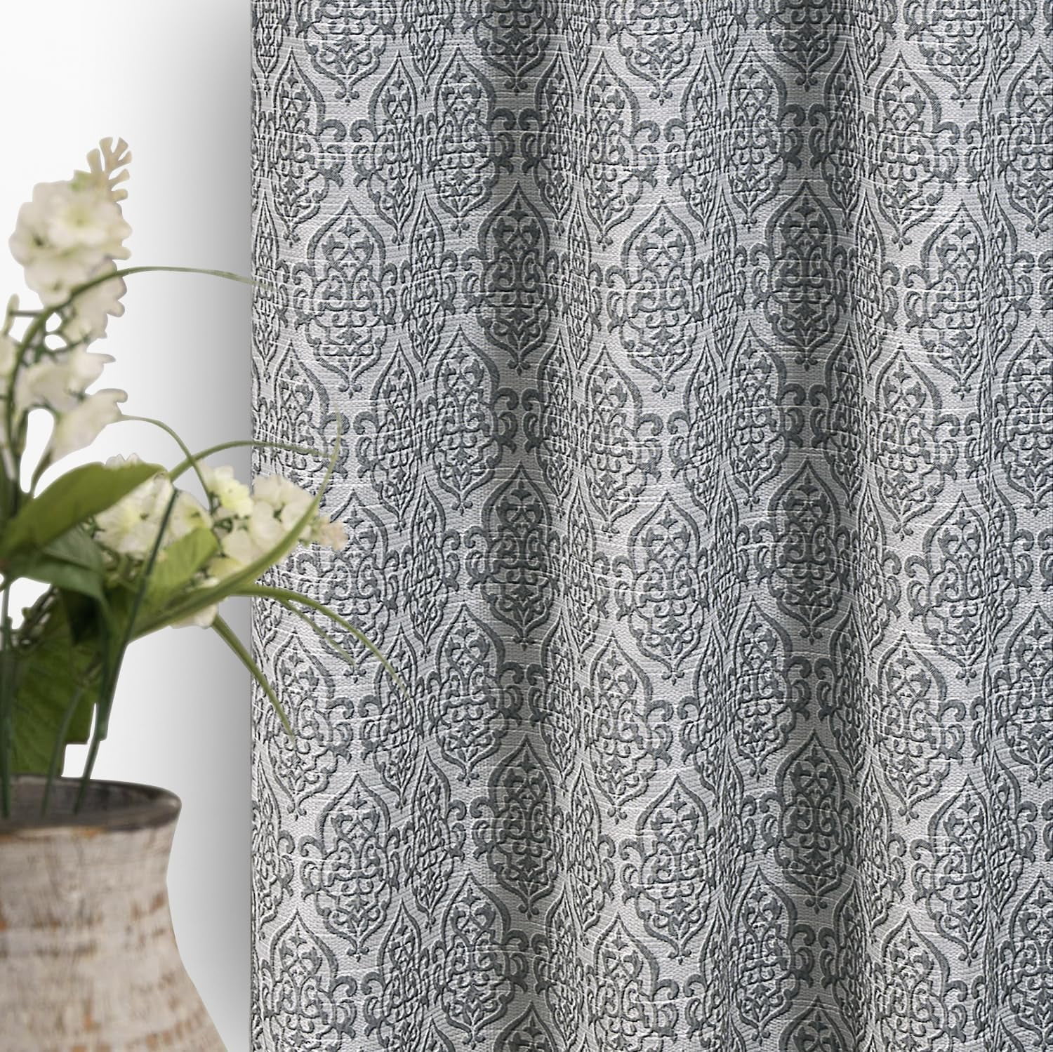 Charcoal Curtains Moroccan Damask Patterned Curtains 84" 2 Panels Set for Living Room 3D Textured Jacquard Embossed Embroidered Neutral Grommet Drapes 50% Blackout Window Treatments Bedroom Dining