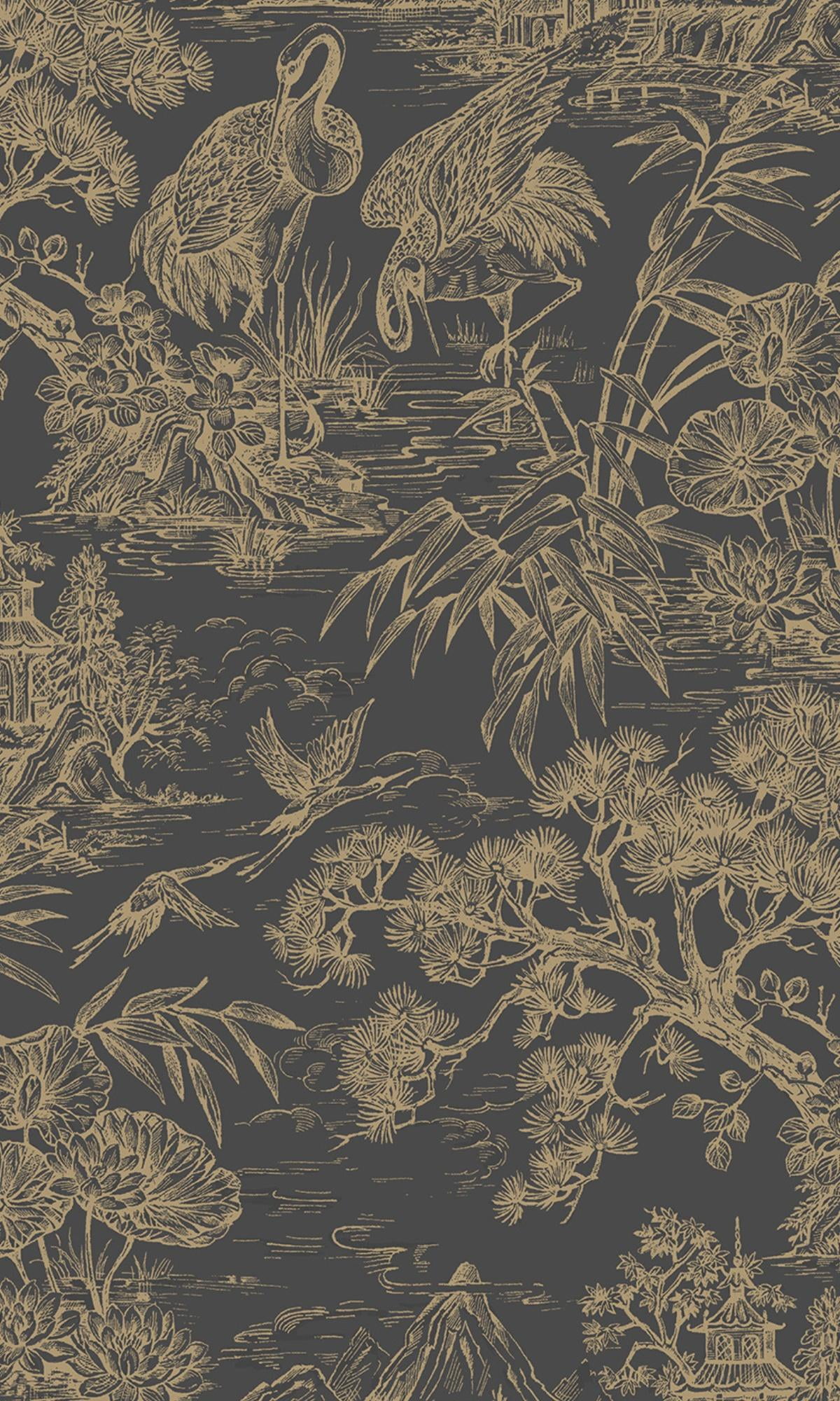 Charcoal Gold Majestic Crane Tropical Wallpaper
