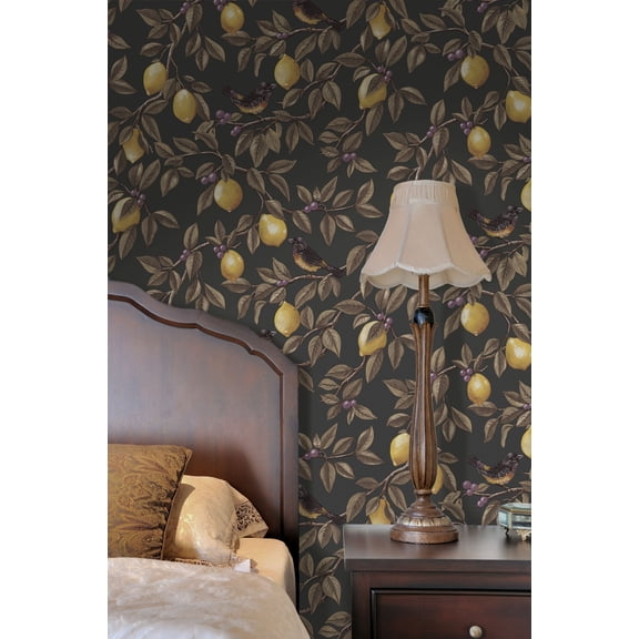 Charcoal Golden Lemon Trail Wallpaper Print Non Woven Non-Pasted Textured Wallpaper 57 Sq. ft.