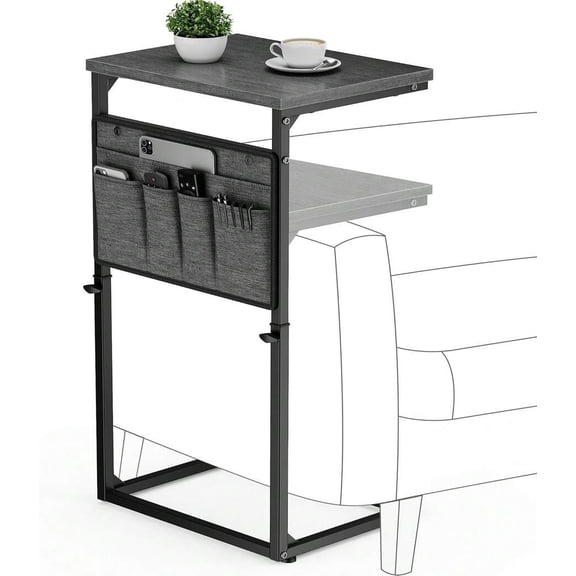 Charcoal Gray C-Shaped Sofa Side Table With Adjustable Height, Metal Frame And Fabric Storage Pockets