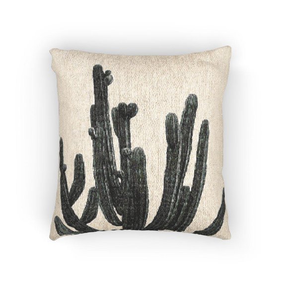 Charcoal Gray Columnar Cactus Woven Pillow, Black and White Desert Botanical Home Accent