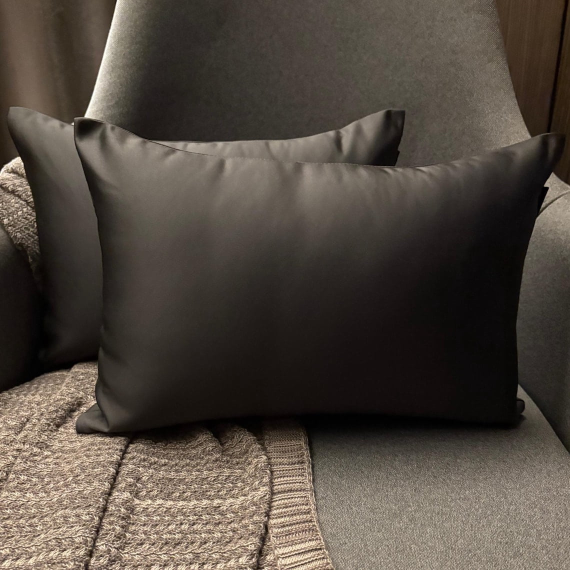 Charcoal Gray Decorative Lumbar Pillow Cover 12"x16" | Pack of 2 Modern Satin Oblong Cushion Cover Solid | Plain Solid Pillowcases for Bed, Couch & Sofa, Modern Home Décor - Charcoal Slub Satin
