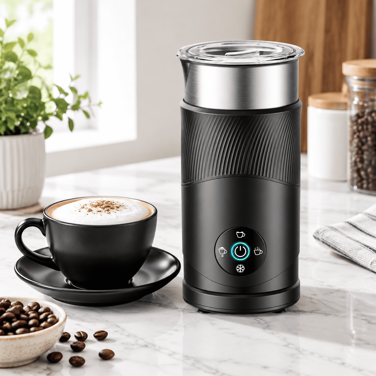 Charcoal Gray Electric Milk Frother 350ml 4-in-1 Hot Cold Fast Frothing ...