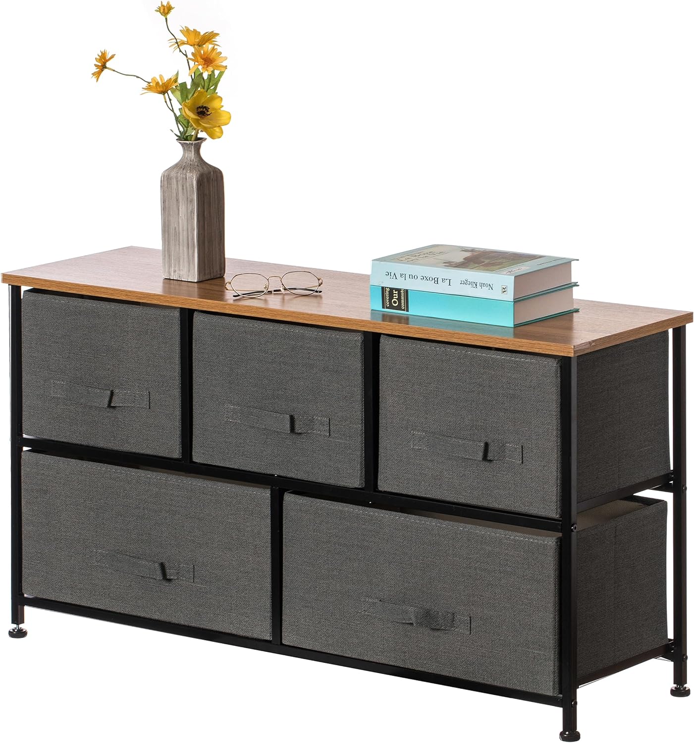 Gray Five Fabric Storage Drawer Unit, Wooden Top Dresser Tower, 2 Sizes ...