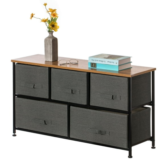 Charcoal Gray Five Fabric Storage Drawer Unit, Wooden Top Dresser Tower, 2 Sizes Bins
