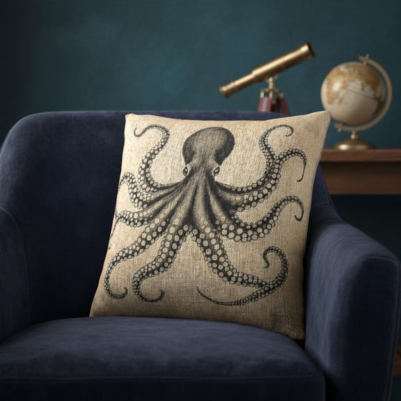 Charcoal Gray Octopus on Beige Double-Sided Woven Throw Pillow, 17 x 18 in