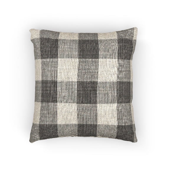 Charcoal Gray and Ivory Patchwork Check Decorative Woven Pillow, Cotton-Polyester Shell, Geometric Home Accent